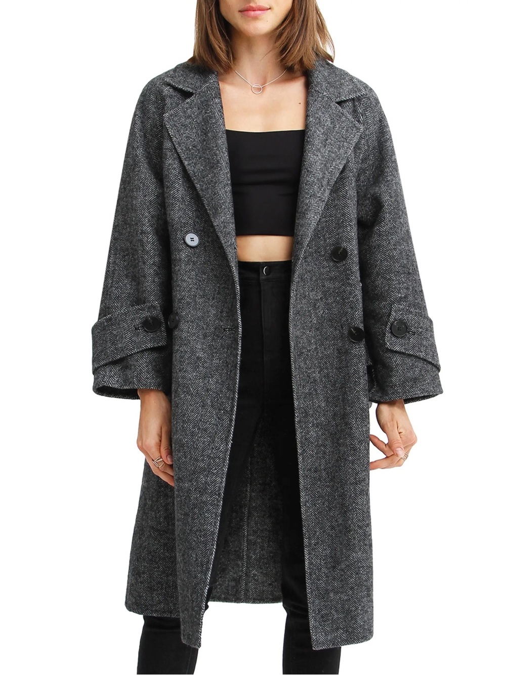 Belle & Bloom Sz L Rumor Has It Chevron Wool Blend Grey Double Breasted Coat